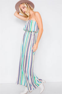 Green Multi Stripe Strapless Lightweight Wide Leg Jumpsuit