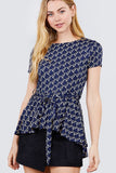 Short Sleeve Round Neck W/belt Peplum Print Dty Top