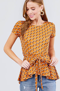 Short Sleeve Round Neck W/belt Peplum Print Dty Top