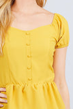 Short Sleeve Heart Neck W/button Back Smocking Detail Flare Hem Woven Top