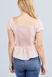 Short Sleeve Heart Neck W/button Back Smocking Detail Flare Hem Woven Top