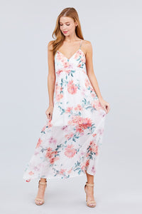 Deep V-neck W/cross Strap Print Maxi Dress