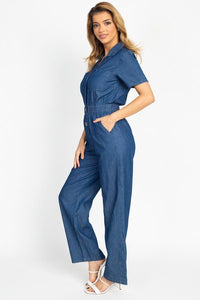 Button Front Elasticized Waist Jumpsuit