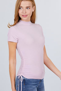 Short Sleeve Mock Neck Side Shirring Detail Rib Knit Top