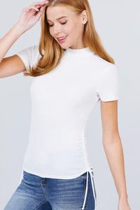 Short Sleeve Mock Neck Side Shirring Detail Rib Knit Top