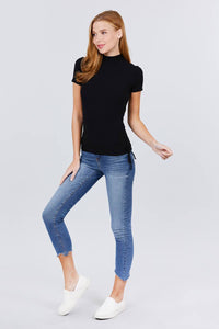 Short Sleeve Mock Neck Side Shirring Detail Rib Knit Top