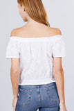 Short Sleeve Off The Shoulder Front Tie Detail Smocked Hem Eyelet Lace Woven Top