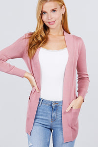 Long Sleeve Rib Banded Open Sweater Cardigan W/pockets