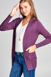 Long Sleeve Rib Banded Open Sweater Cardigan W/pockets