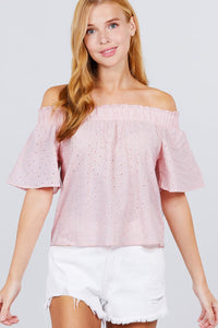 Short Sleeve Off The Shoulder Eyelet Woven Top