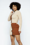 Rib Color Block Mock Neck Long Sleeve High-waist Mini Skirt With Front Zipper Set