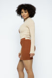 Rib Color Block Mock Neck Long Sleeve High-waist Mini Skirt With Front Zipper Set