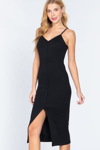 Fron Button Slit Rib Cami Midi Dress