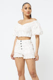 Cotton Off-shoulder Puff Sleeve Crop Top With Front Zipped Matching Shorts Set