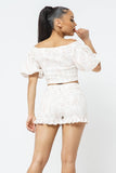 Cotton Off-shoulder Puff Sleeve Crop Top With Front Zipped Matching Shorts Set