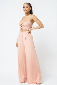 Cut Out With Key Hole Spaghetti Strap Top With Wide Pants Set